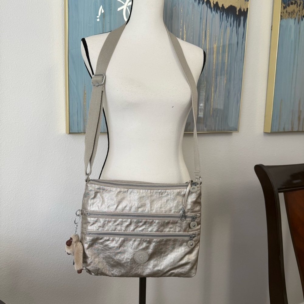 KIPLING Alvar Purse Metallic Silver Crossbody Bag Multi Zippered Slingbag